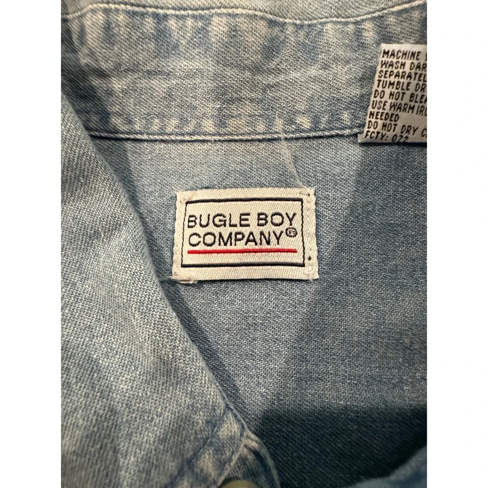 Vintage 90s Bugle Boy Gold Crest Denim Shirt Mens XL Light Wash Short Sleeve